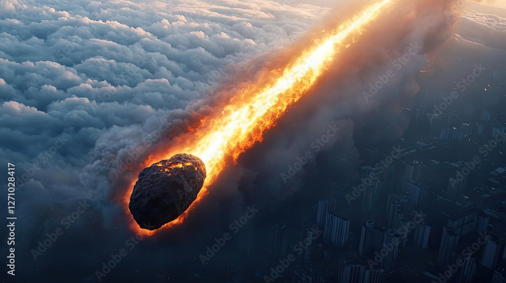 Poster Asteroid impact concept. A dramatic meteor entering Earth's atmosphere, leaving a fiery trail through the clouds.