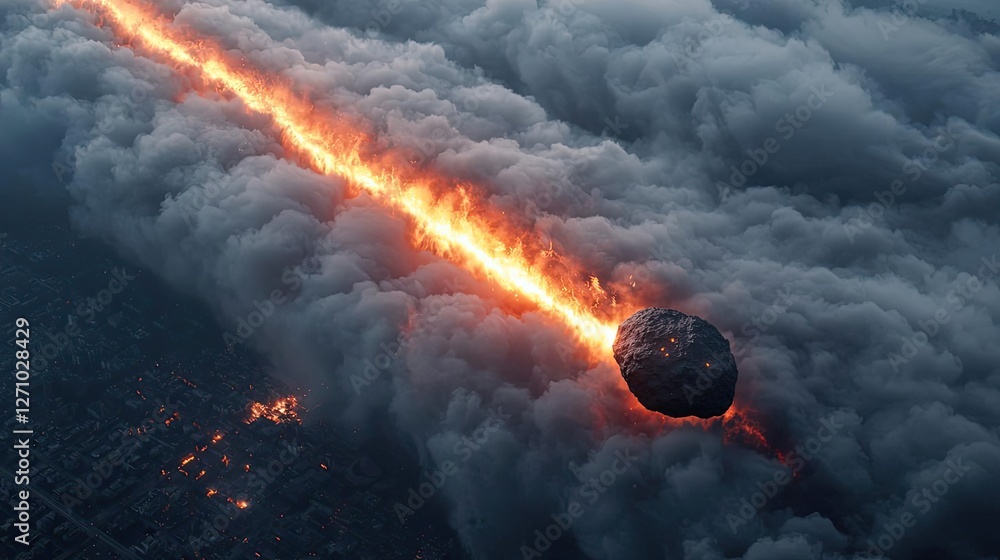 Aufkleber Asteroid impact concept. A dramatic meteor explodes through clouds, illuminating the sky with fiery trails.