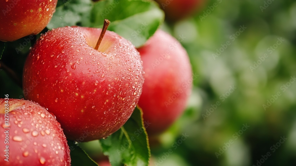Poster Fresh red apples glistening with dew on a sunny orchard tree branch full of color : Generative AI