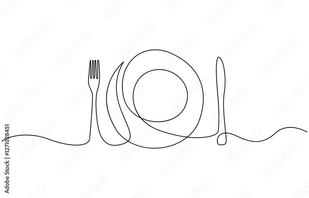 Poster plate with fork and knife. continuous line drawing. food frame border doodle, minimalist continuous 