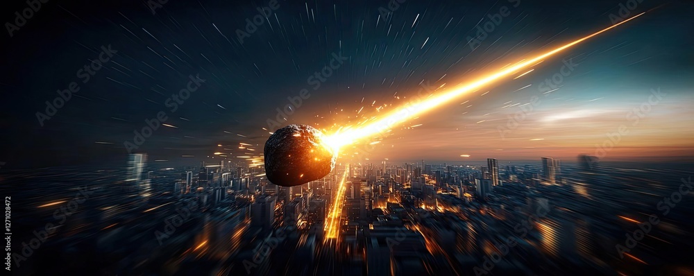Poster asteroid impact idea. a stunning visual of a fiery meteor streaking through a city skyline at dusk.