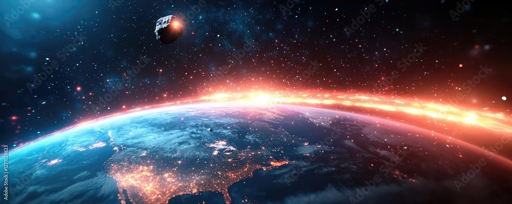 Poster asteroid impact idea. an awe-inspiring view of earth illuminated by celestial lights from space.