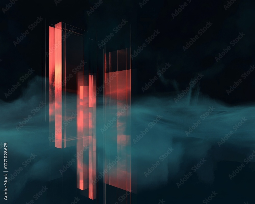 Poster abstract composition featuring glowing vertical shapes amidst a misty background, creating a mysteri