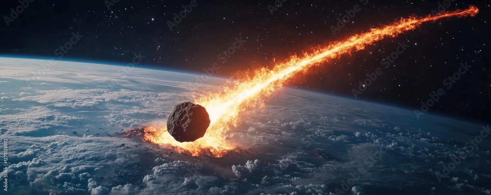 Poster Asteroid impact idea. A dramatic view of an asteroid entering Earth's atmosphere, igniting in flames.