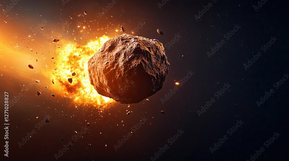 Poster Asteroid impact idea. An asteroid colliding with a planet, creating a fiery explosion in outer space.