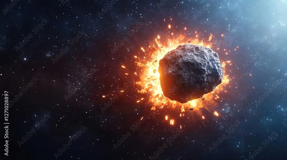 Poster Asteroid impact idea. An asteroid colliding with a planet, creating a dramatic explosion in space.
