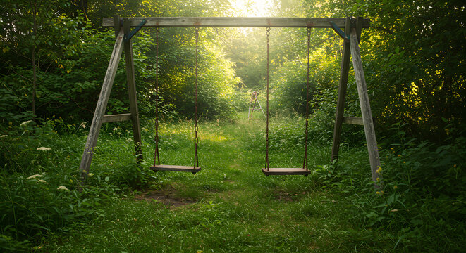 Overgrown garden neglected swing set rusting chains