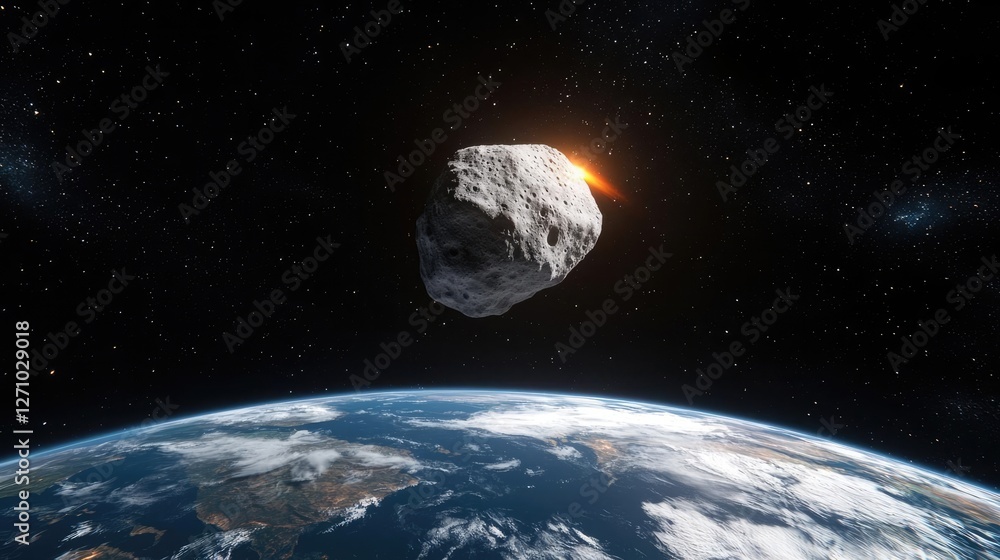 Poster asteroid impact idea. asteroid approaching earth in space, showcasing cosmic phenomena and potential