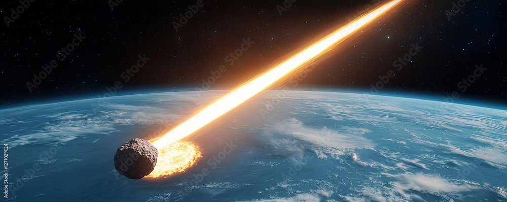 Poster asteroid impact idea. a striking view of a meteor entering earth's atmosphere, showcasing its fiery 
