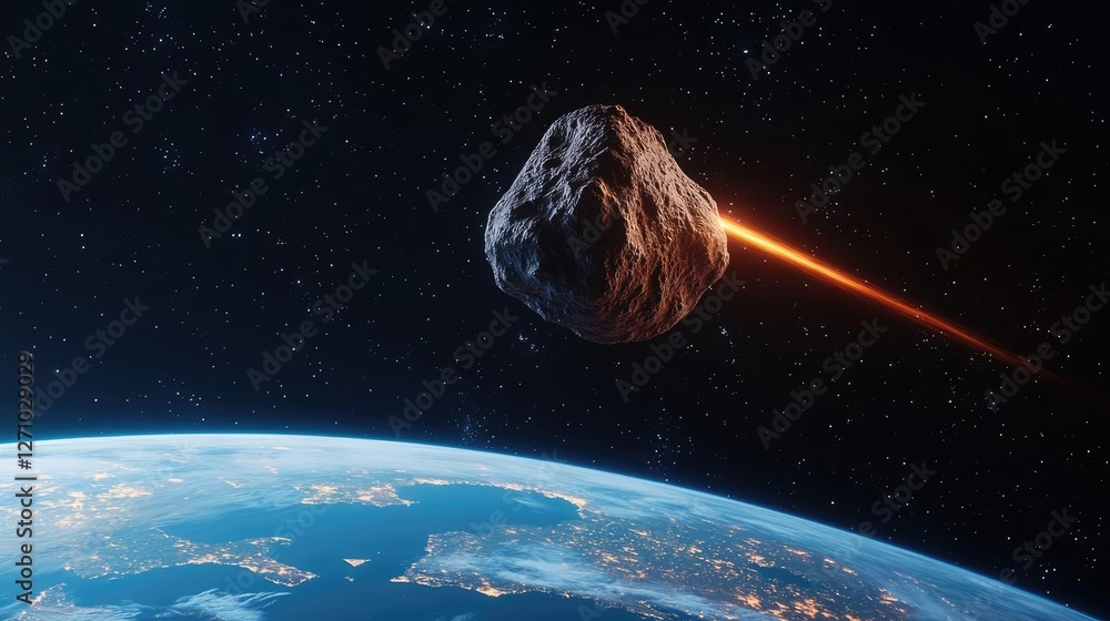 Poster asteroid impact idea. an asteroid hurtles towards earth, symbolizing cosmic dangers in space explora