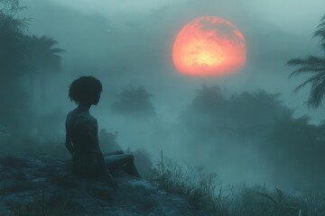 Obraz premium Dramatic sunset paints the sky as a figure contemplates the serene landscape in misty tropical setting