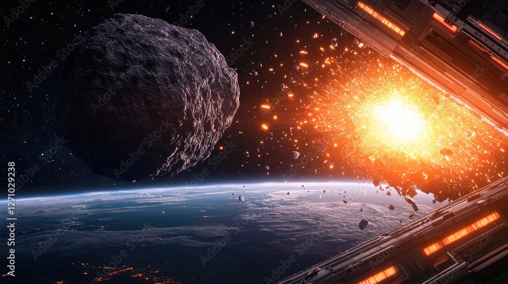 Poster asteroid impact idea. a stunning view of an explosion in space with celestial bodies and earth in th