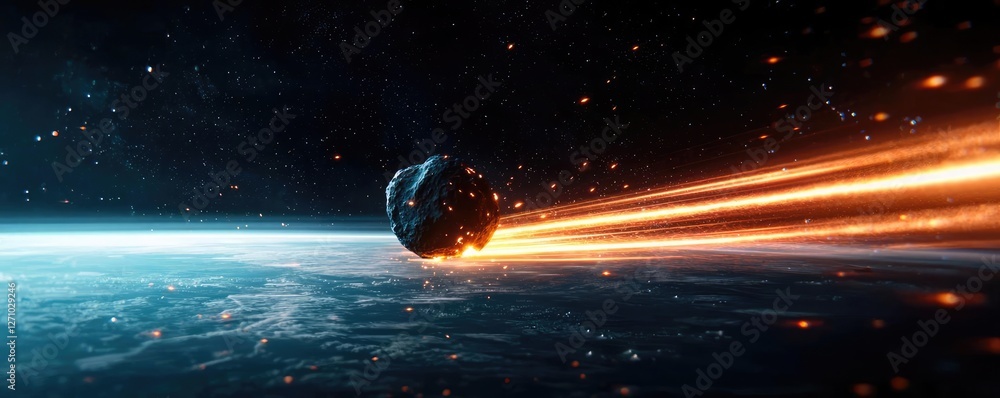 Poster asteroid impact idea. a stunning view of an asteroid streaking through space towards earth.
