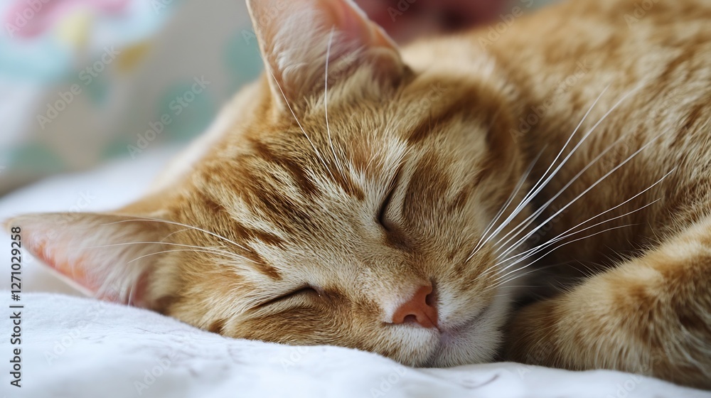 Poster adorable ginger cat sleeping peacefully on a soft blanket creating a cozy and warm home atmosphere :