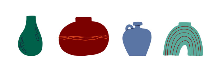 Obraz premium Set of cute interesting vase drawn in flat style. Interior, vase, decoration. Hand drawn vector illustration.
