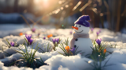 Obraz premium Snowman on a meadow with grass and spring flowers growing through the melting snow. Concept of spring coming and winter leaving.