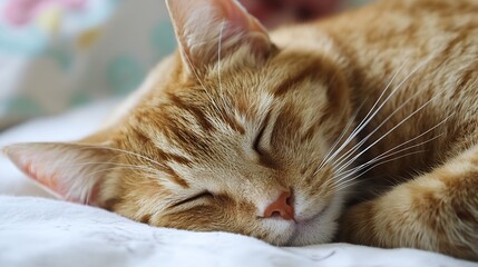 Obraz premium Adorable ginger cat sleeping peacefully on a soft blanket creating a cozy and warm home atmosphere : Generative AI