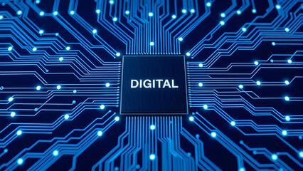 Futuristic blue circuit board design with electronic lines illustrates digital network technology