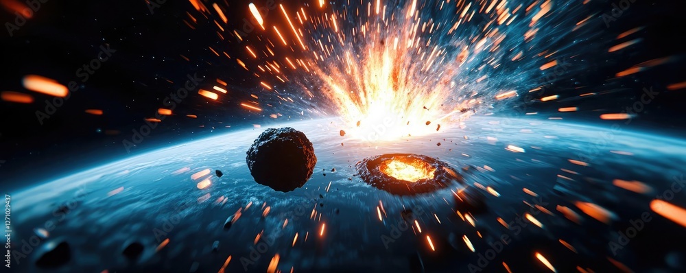 Poster asteroid impact idea. vivid depiction of a cosmic explosion in outer space with asteroid impact.