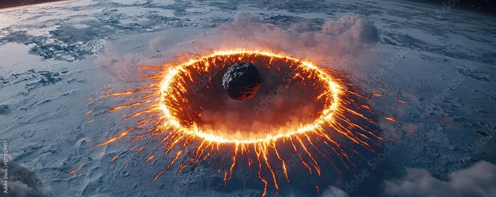 Poster Asteroid impact idea. A dramatic view of an asteroid impact creating a fiery explosion in space.