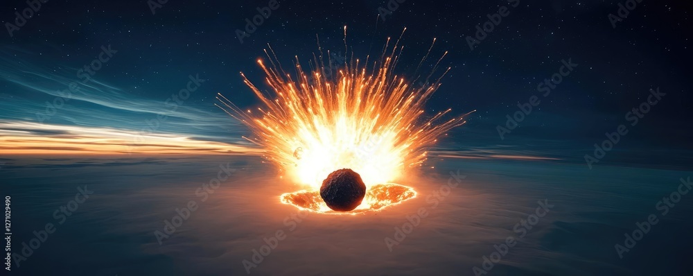 Poster asteroid impact idea. a celestial explosion creating a stunning visual of cosmic energy and impact.