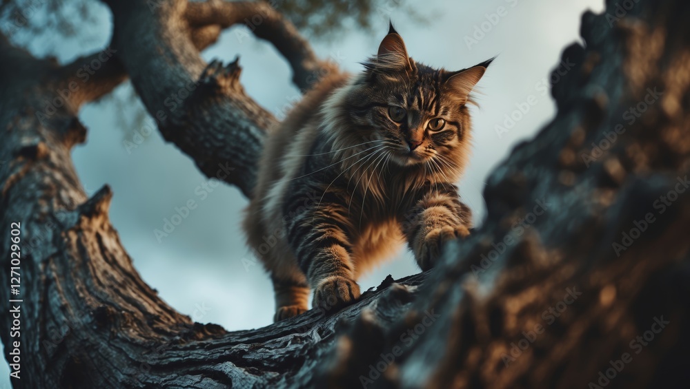Aufkleber cat gracefully climbing a textured tree branch in a serene outdoor setting during twilight hours