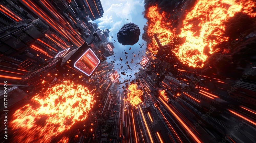 Poster asteroid impact concept. a futuristic scene depicting vibrant explosions in a space environment.