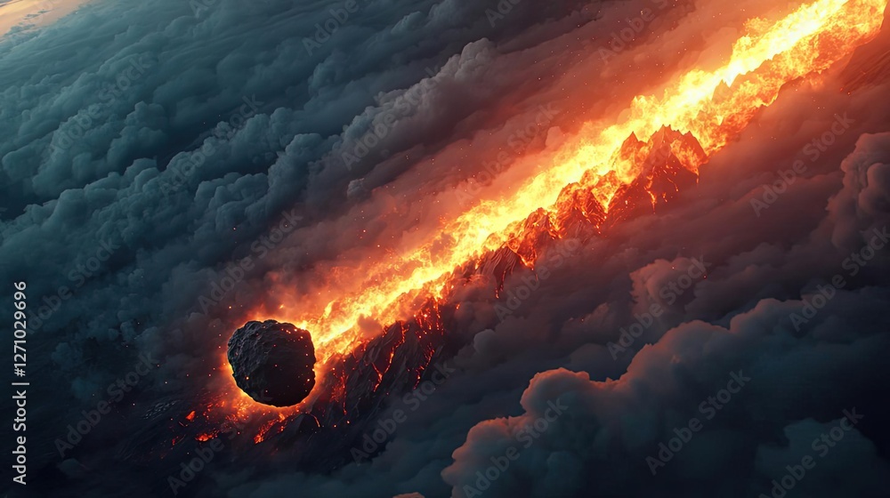Poster Asteroid impact concept. A stunning view of a flaming asteroid entering Earth's atmosphere, showcasing magnificent energy.