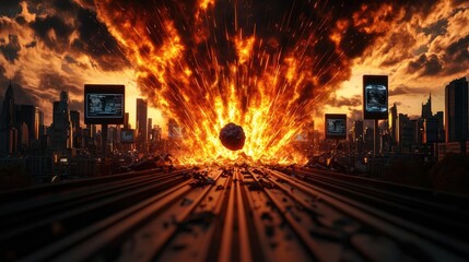 Fototapeta premium Asteroid impact concept. A captivating visual of an explosive cosmic event over a city skyline.