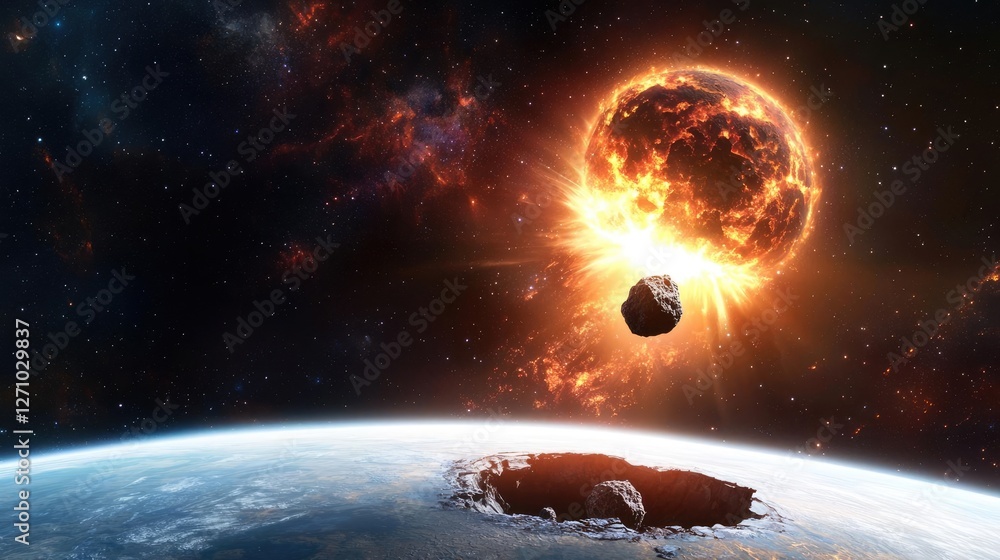 Aufkleber asteroid impact idea. a breathtaking view of an asteroid entering earth's atmosphere, creating a stu