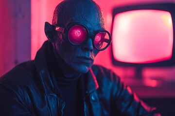 Naklejka premium Unique character with striking glasses in a neon-lit room focused on retro technology