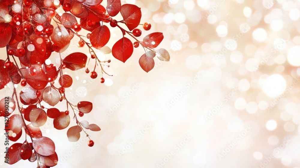 Poster vibrant red leaves with soft bokeh background for seasonal decor
