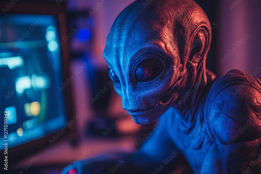 Poster alien creature interacts with technology, showcasing a futuristic and mysterious atmosphere in a dim