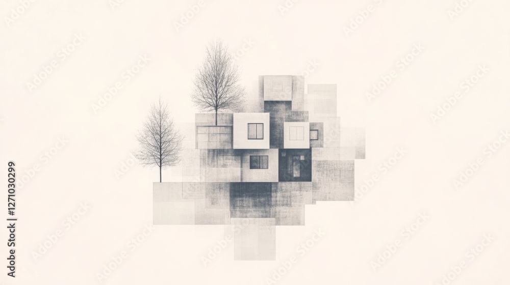 Poster abstract architectural scene with bare trees; possible use as a modern art print or digital wallpape