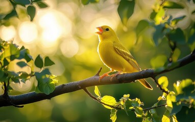 Obraz premium A delicate canary singing under the morning sun