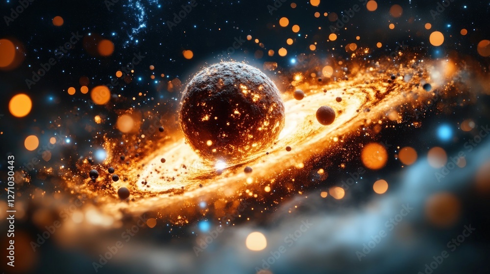 Poster vibrant cosmic scene with glowing planet and nebula elements