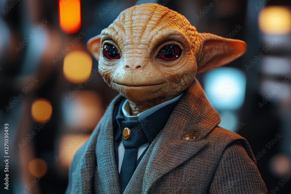 Poster unique creature dressed in formal attire poses confidently in a stylish setting showcasing intricate