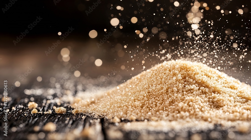 Poster Golden sugar granules scattering in a soft focus shot creating an enchanting and sweet atmosphere : Generative AI