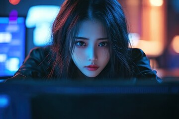 Focused young woman working on computer in dim room