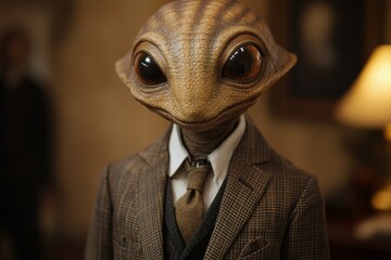 Alien creature dressed in formal attire standing indoors with sophisticated decor
