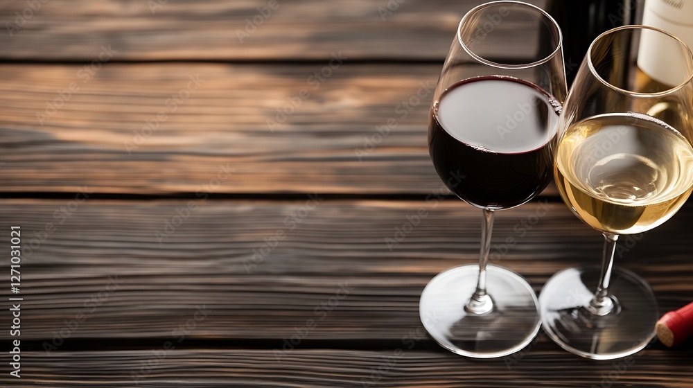 Poster elegant wine glasses filled with red and white wines accompanied by rustic wooden backdrop : generat