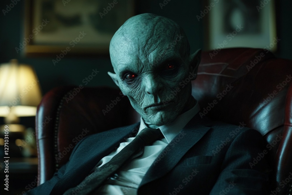 Poster mysterious character sits in a dimly lit room wearing a suit and showing an intense expression