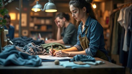 Young Female Designer Sketching in Textile Workshop