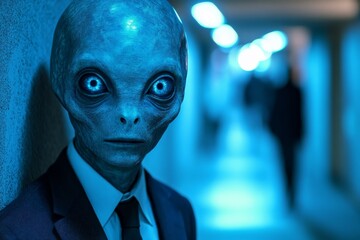 Mysterious alien figure stands in dimly lit corridor wearing a suit and exhibiting unusual features at a modern location