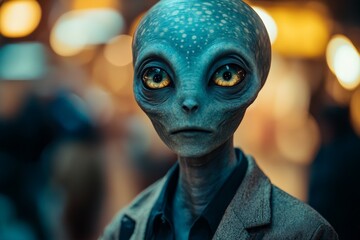 Mysterious alien figure stands under warm lights in a busy urban environment during the evening hours