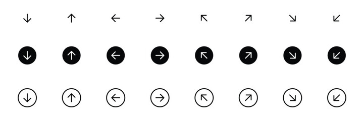 Arrow Icons Set. up, down, left, right, circle shape arrow icon collection. Flat, and Line Icons Perfect for Website, App, and digital project. Fully scalable and customizable for print and digital.