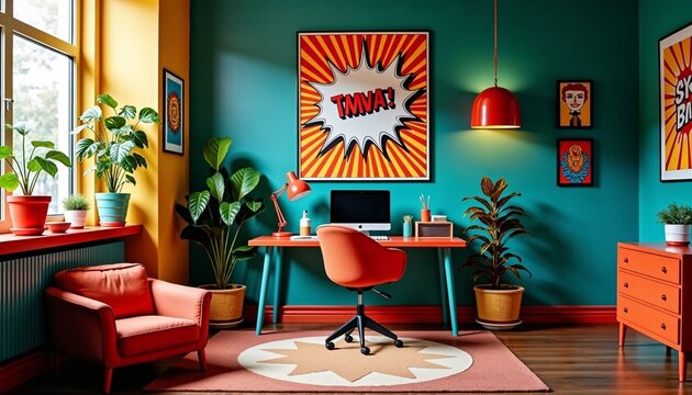 A vibrant pop art home office design with colorful decor and creative workspace