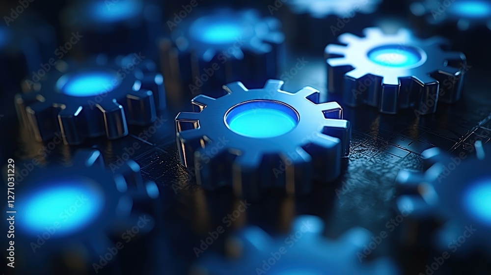 Poster closeup focus on a blue and black computer chip with intricate circuit designs
