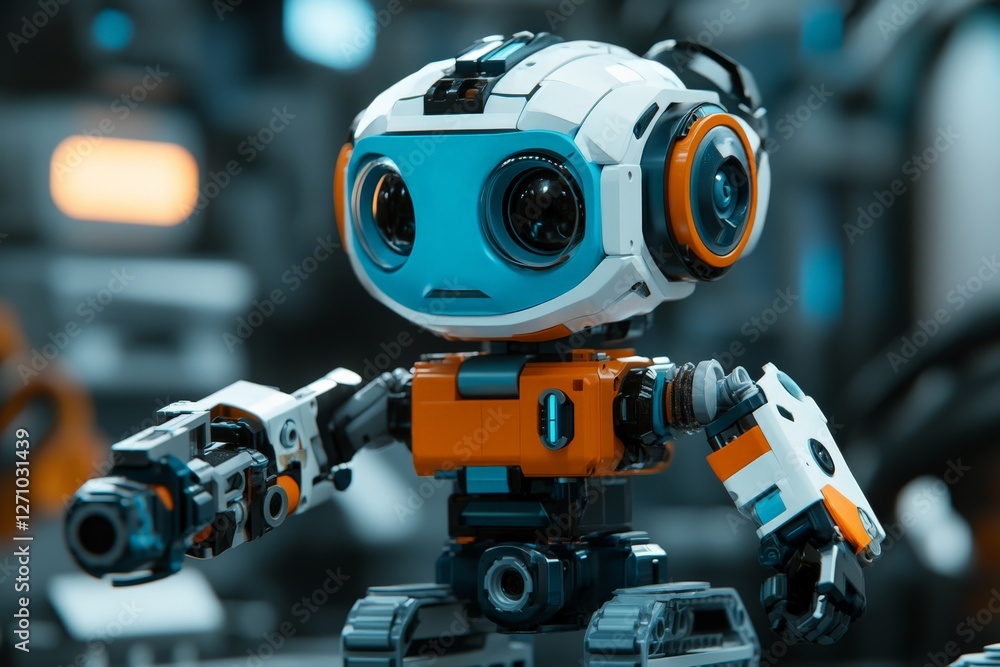 Poster innovative robotics displayed in a modern lab with intricate designs and vibrant colors