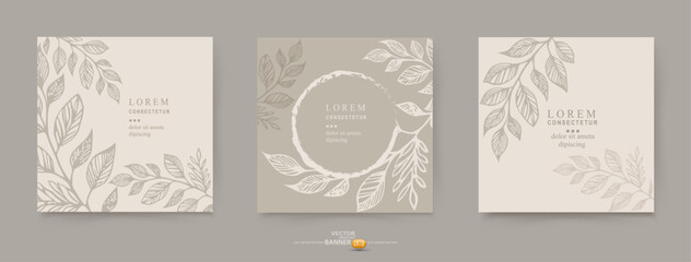 Vector set. Floral background in beige pastel colors. Template for design, advertising, postcard, invitation, label, banner.